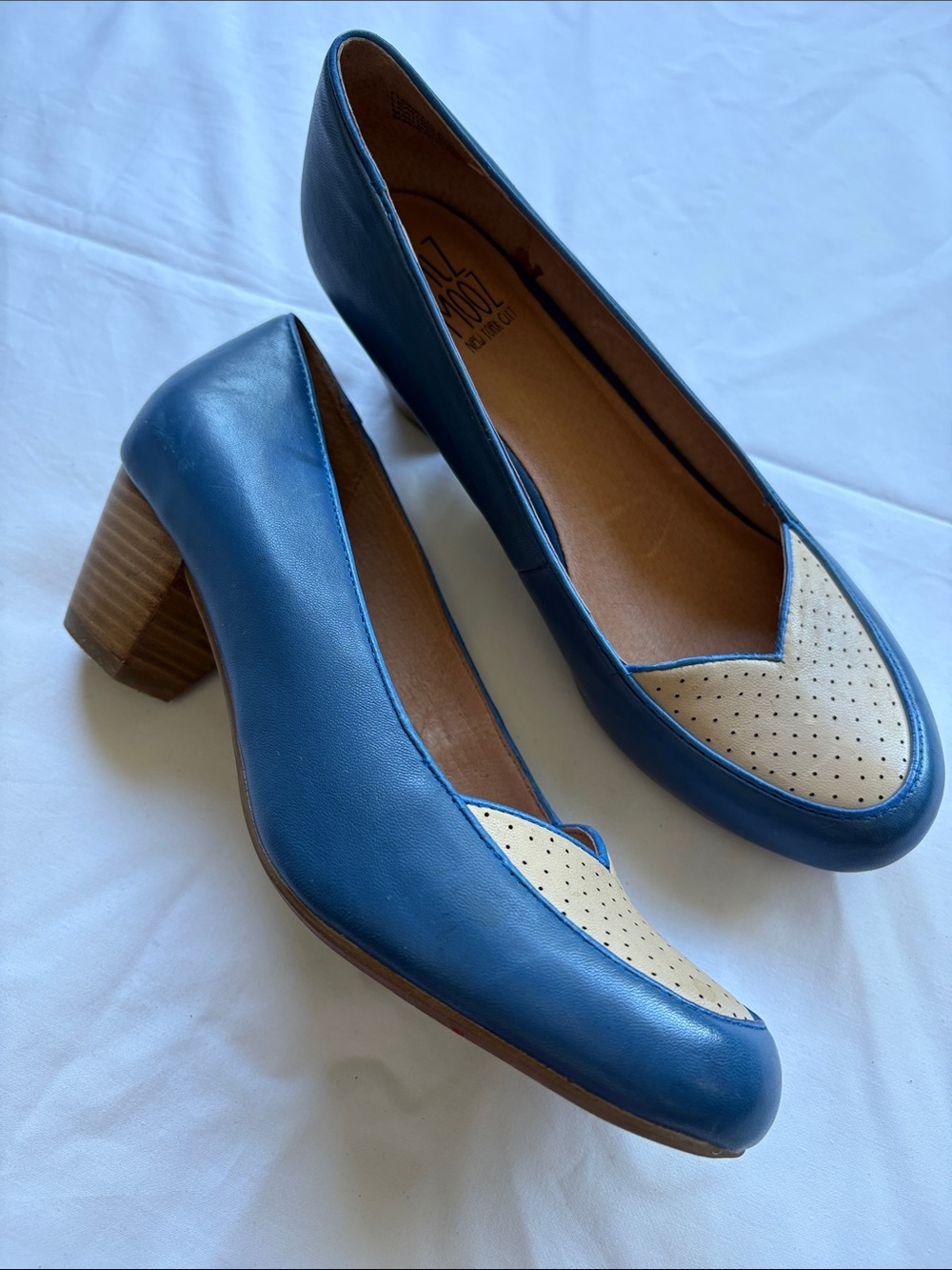 Miz Mooz Retro Blue Leather Block Heel Loafers with Cream Accent